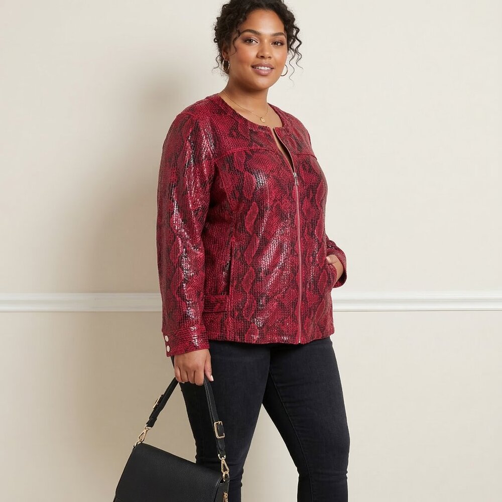 Hearts of Palm Woman Red Snakeskin Print Zip Jacket Size 20W
